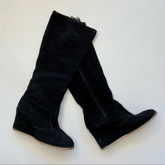 VINTAGE 1970s Black Suede Tall Boots Wedge Heel - Size 7-7.5 - Picture 1 of 11
